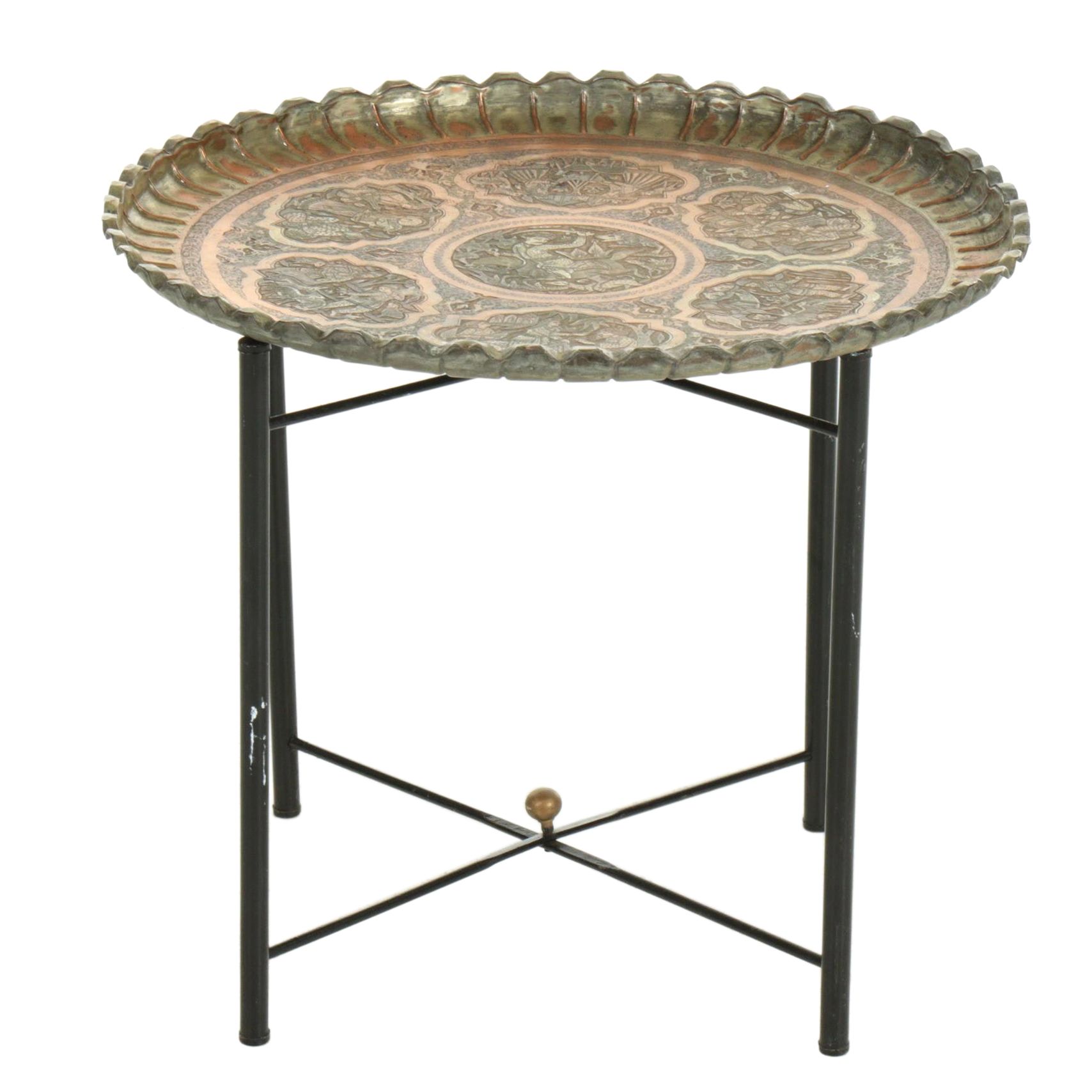 Indo-Persian Copper Pictorial Tray on Folding Stand