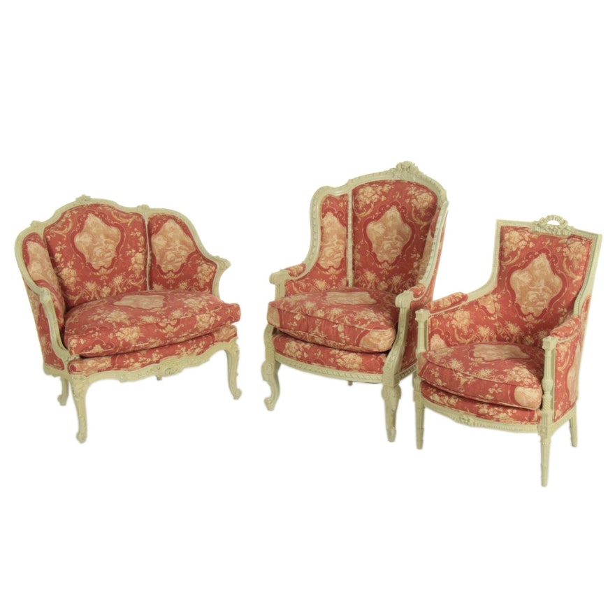 Three Painted and Custom-Upholstered Bergères, 20th Century