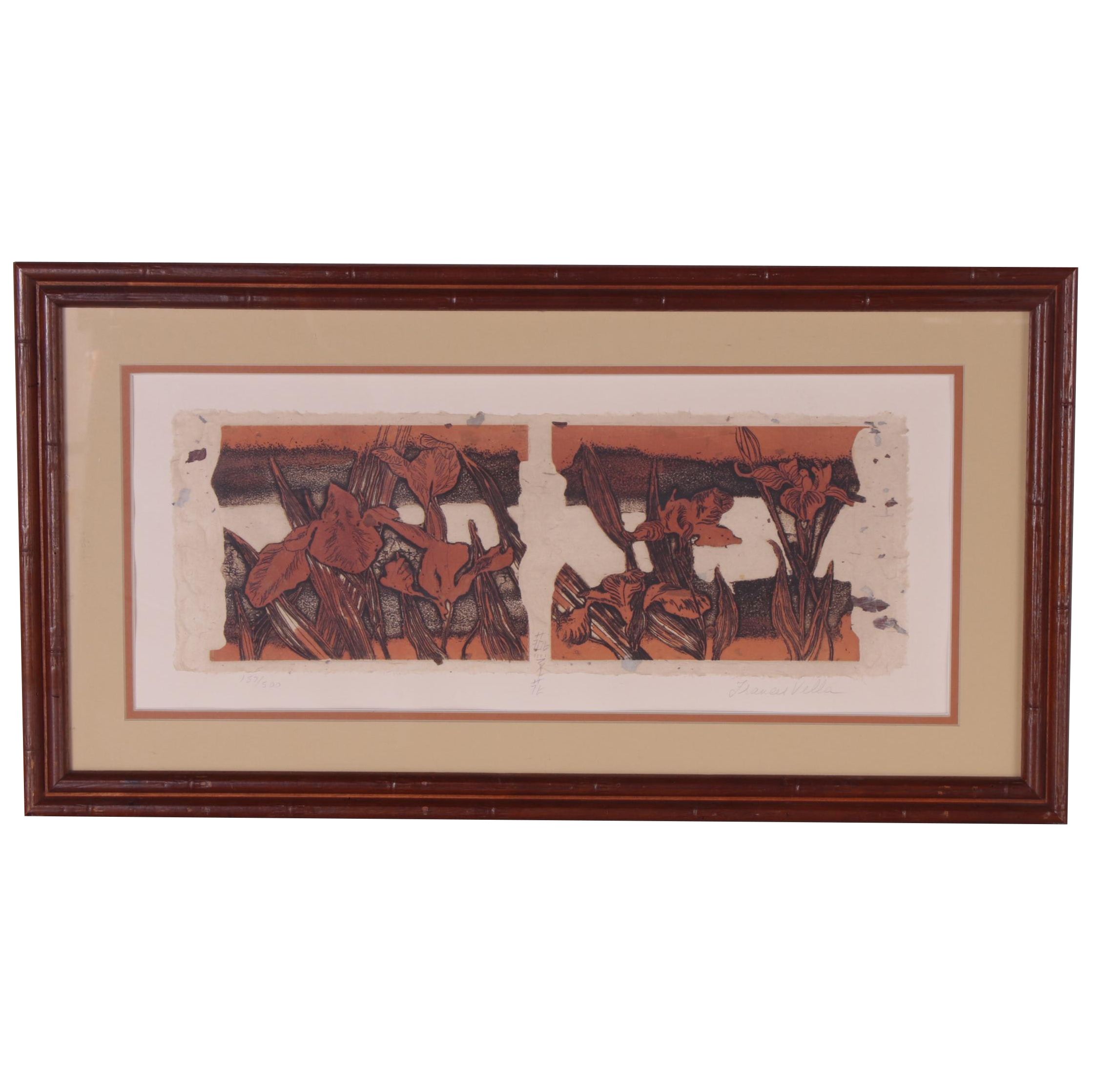 Frances Vella Embossed Colored Etching "Irises," Late 20th Century