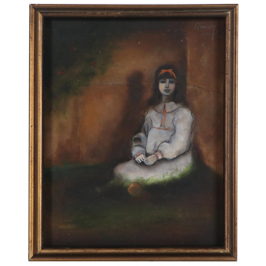 Oil Painting of Seated Girl in White Dress, Mid 20th Century