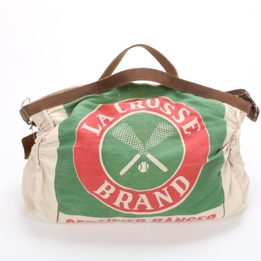 Selina Vaughan Upcycled Seed Bag Duffel Bag with Leather Straps