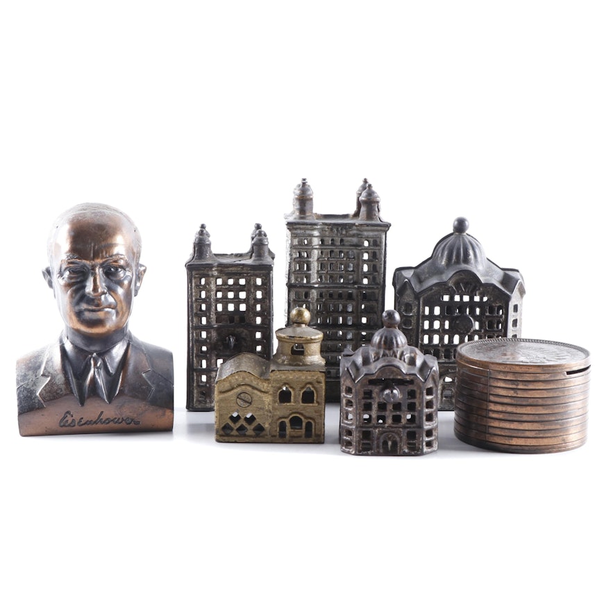 Art Deco Cast Iron Still Banks, Industrial Buildings, President Eisenhower, More