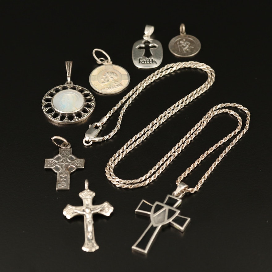 Religious Themed Pendants and Rope Chain Including Enamel and Mother of Pearl