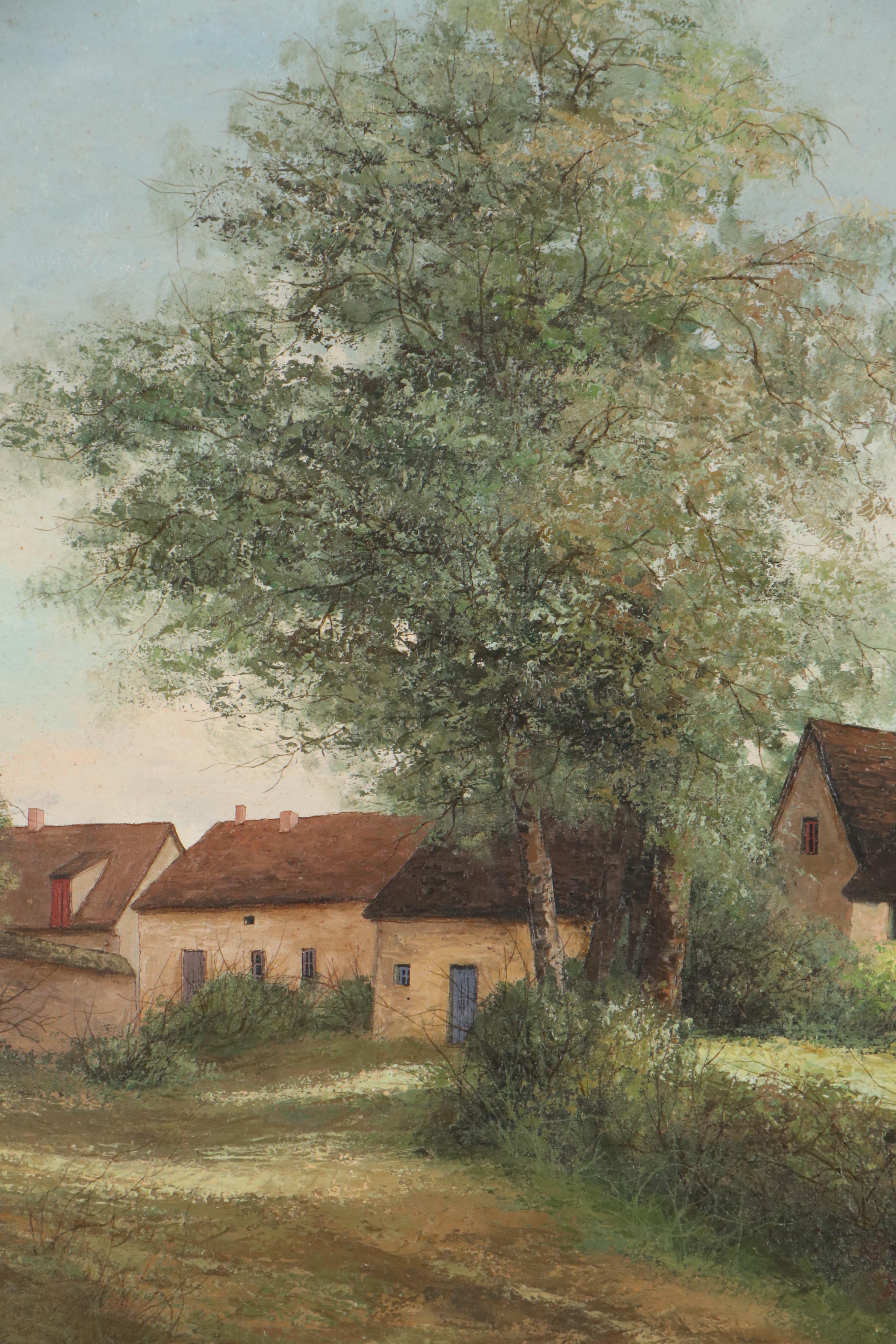 Jean-Claude Cubaynes Oil Painting of Barbizon Houses, Late 20th Century