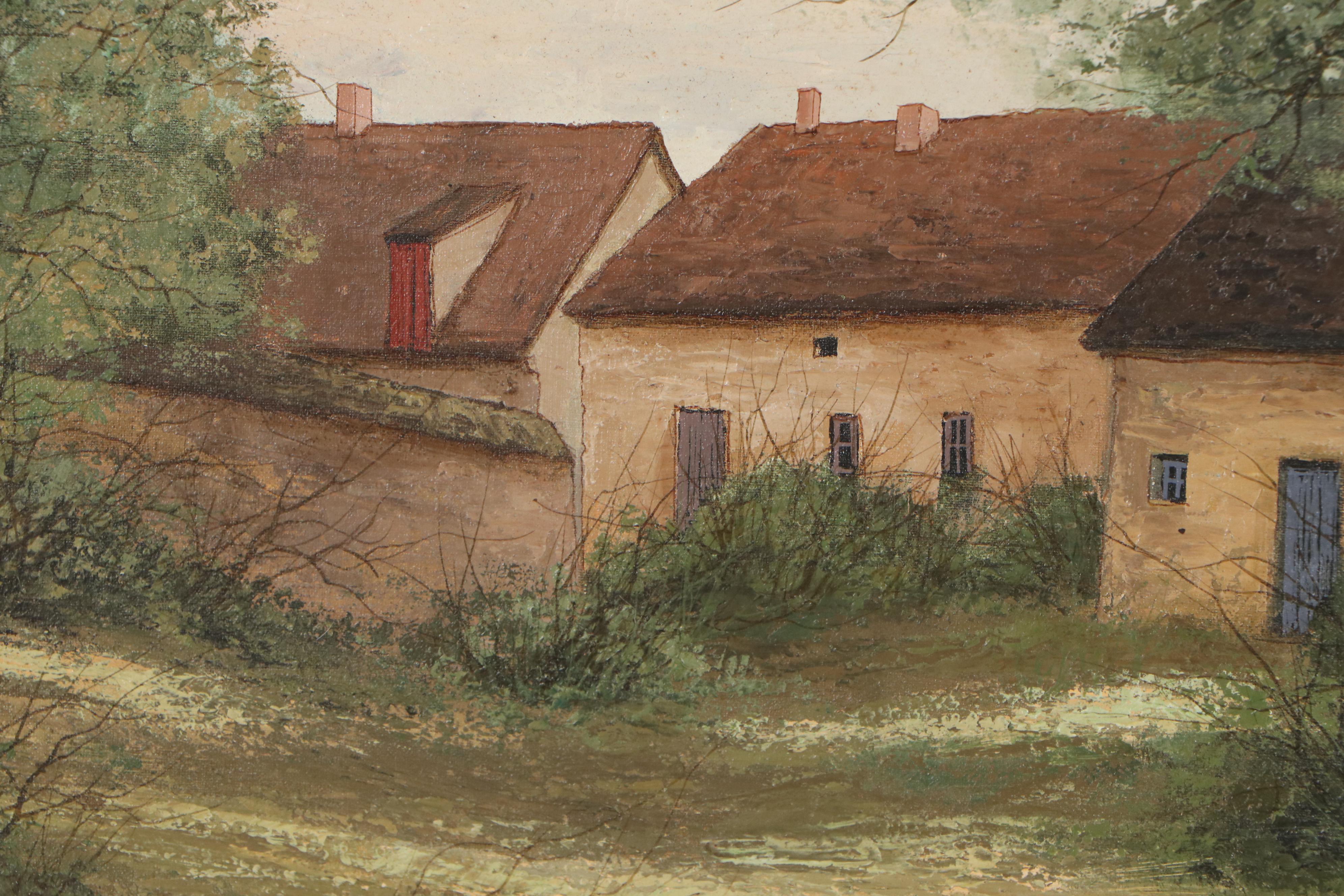 Jean-Claude Cubaynes Oil Painting of Barbizon Houses, Late 20th Century