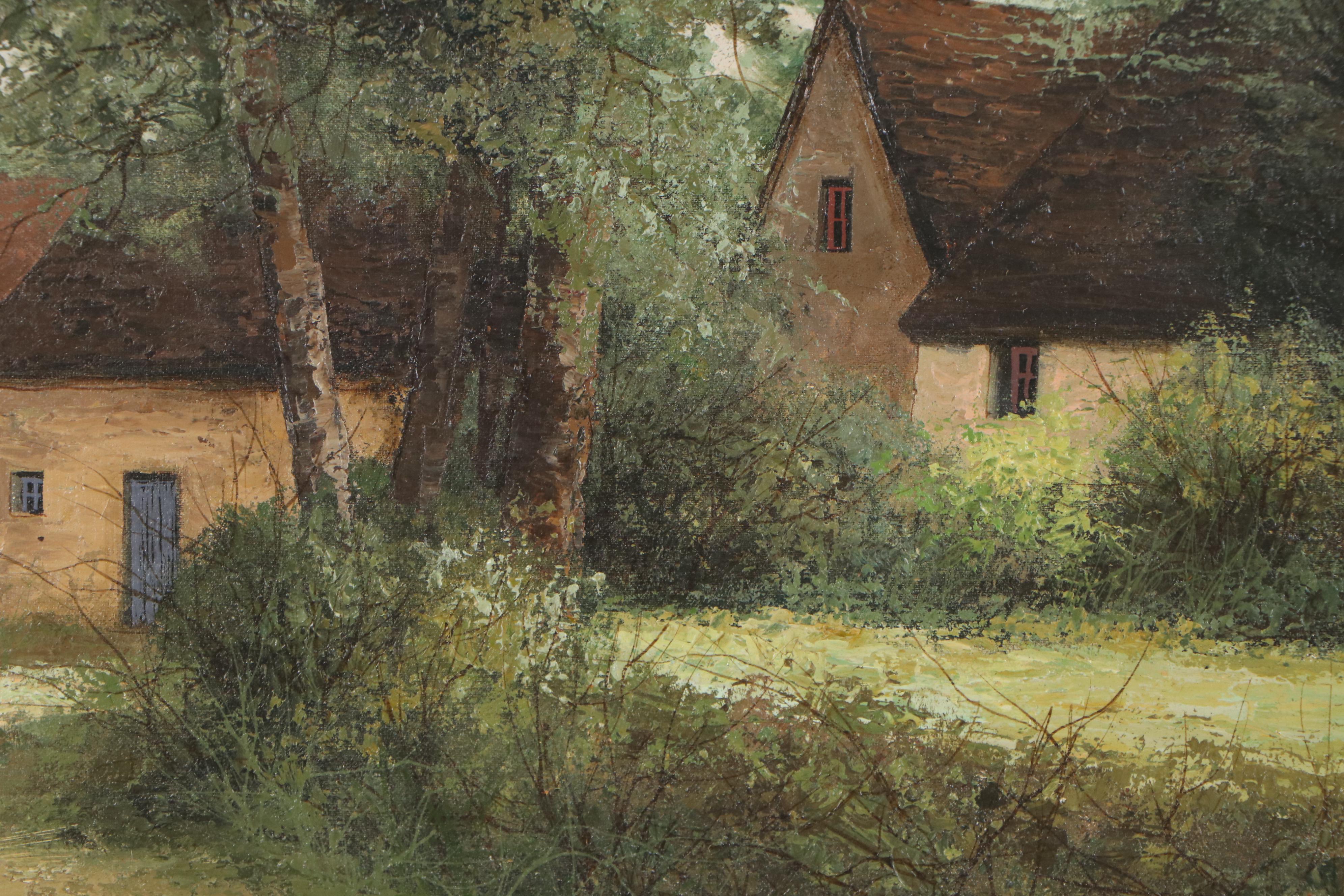 Jean-Claude Cubaynes Oil Painting of Barbizon Houses, Late 20th Century