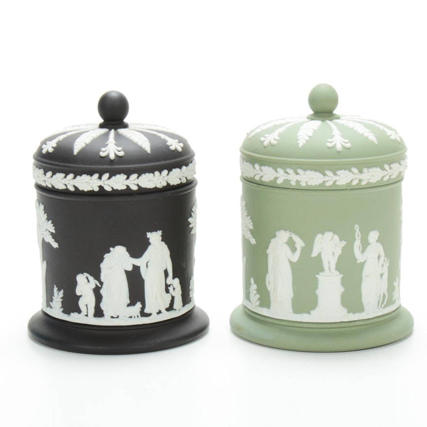 Pair of Wedgwood Cream on Black and Green Jasperware Jars