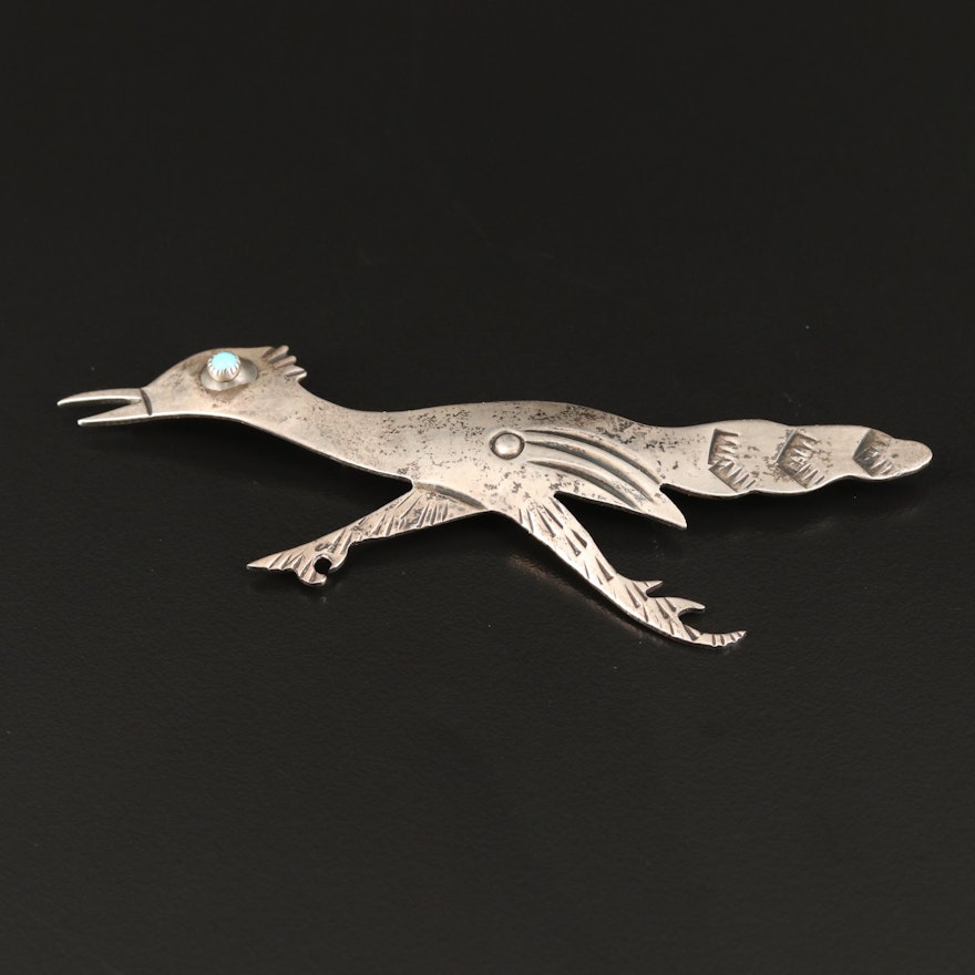 Western Sterling Silver Road Runner Brooch with Turquoise