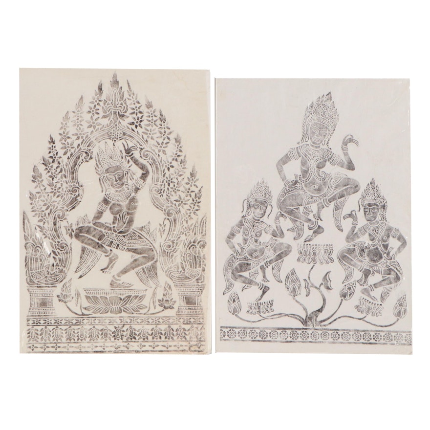 Khmer Dancing Apsara Brass Relief Rubbings, 20th Century