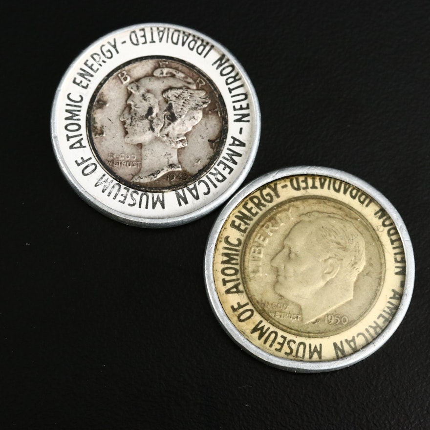 Two Irradiated U.S. Silver Dimes from the American Museum of Atomic Energy