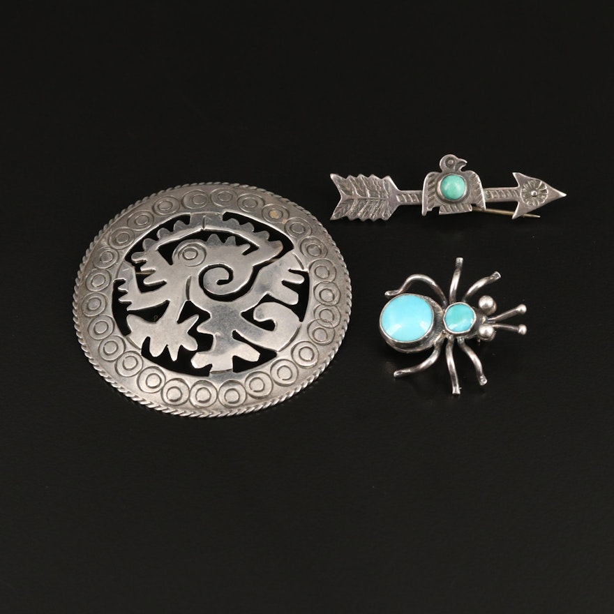 Sterling Silver Turquoise Brooches Featuring Insect Motif and Arrow