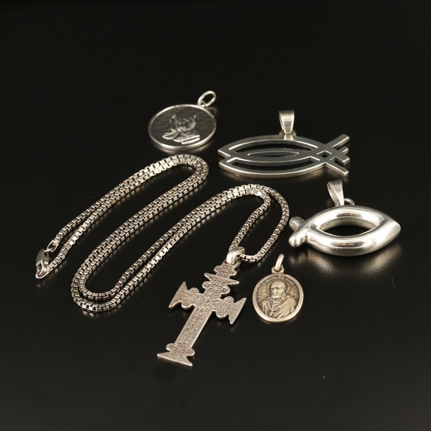 800 Silver Cross and Sterling Silver Religious Pendants and Chain Necklace