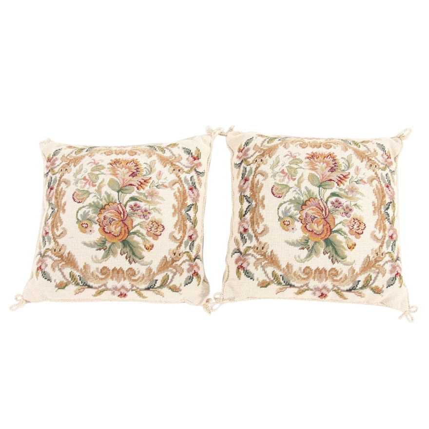 Handwoven French Needle Point Floral Pillows, 1980s