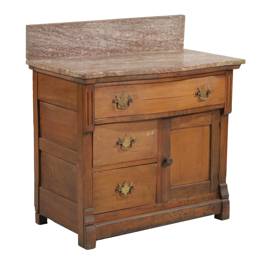 Victorian Eastlake Style Marble Top Walnut Washstand, Early to Mid-20th Century