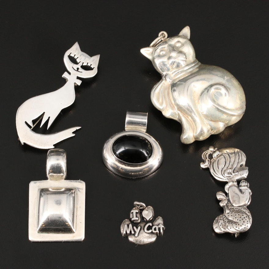 Sterling Brooches and Pendant Including Puff Feline Pendant