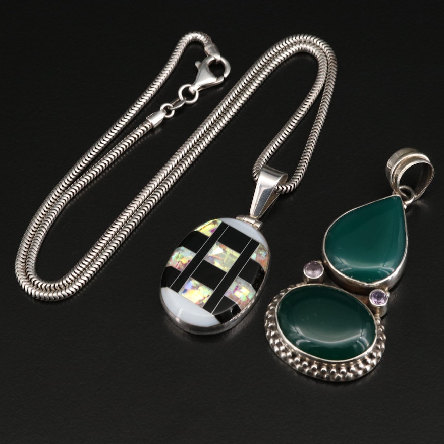 Mexican 950 Silver Inlay Pendant Necklace and Sterling Silver Pendant