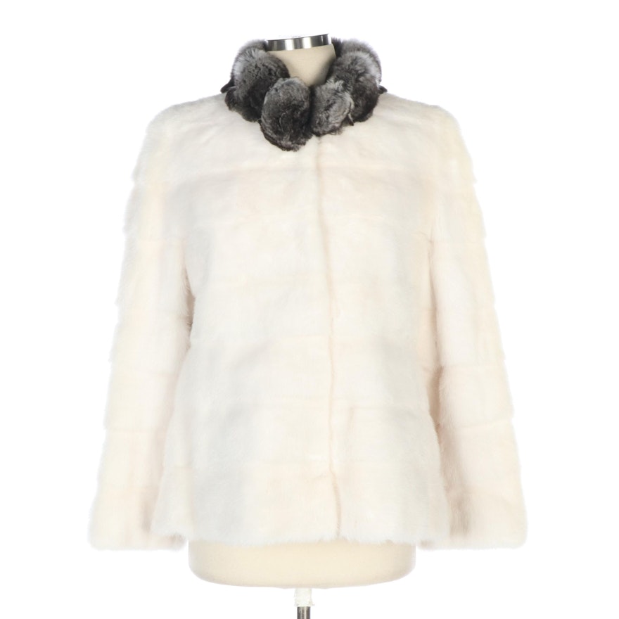 White Female Mink Fur Jacket with Natural Chinchilla Fur Trim