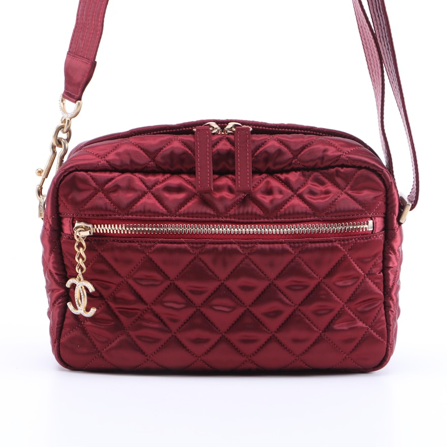 Chanel Quilted Crimson Satin Shoulder Bag with Crystal Embellished Hardware