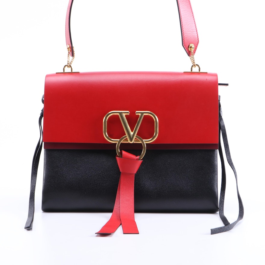 Valentino V-Ring Shoulder Bag in Red, Burgundy and Black Calfskin