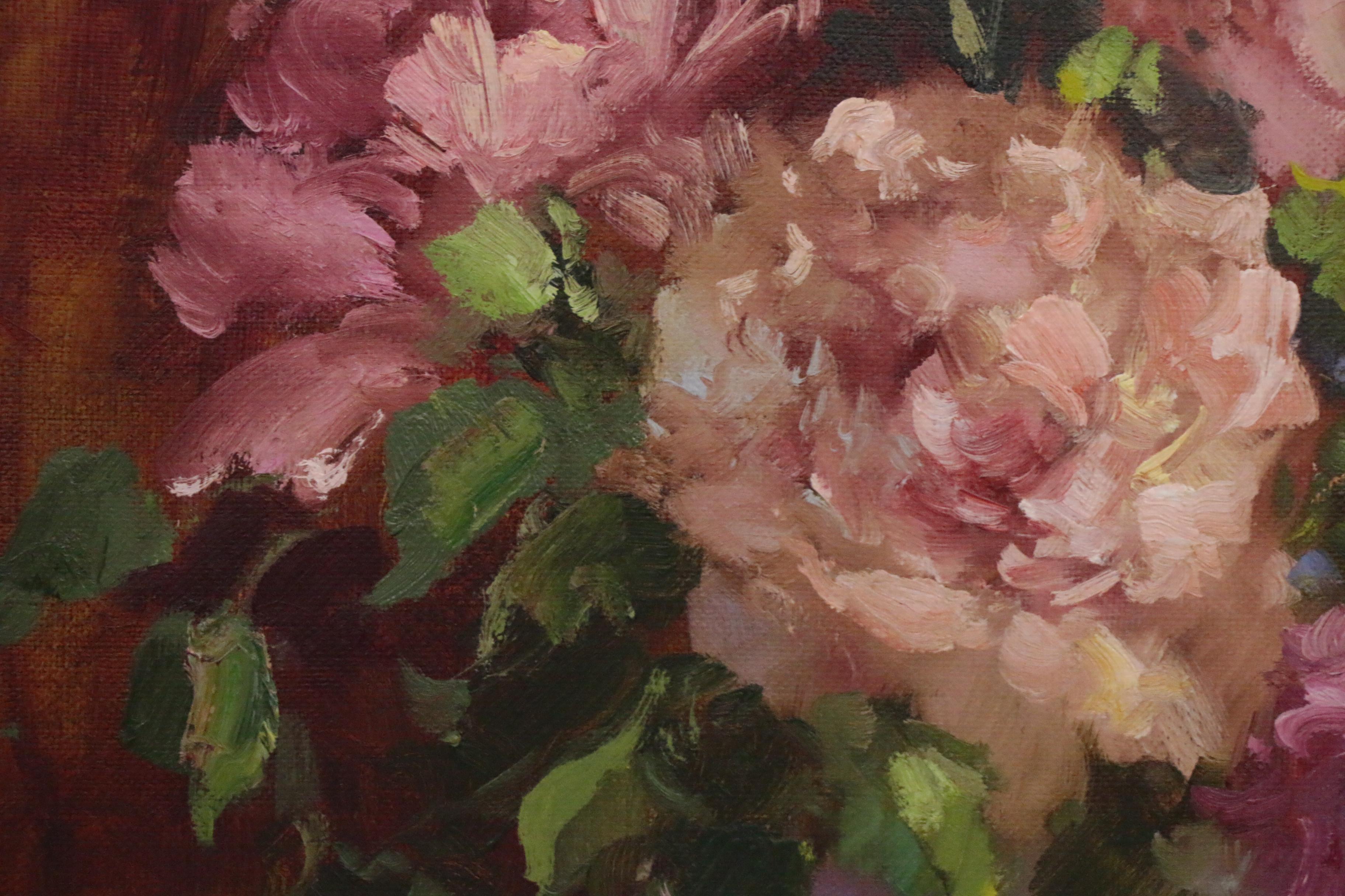 Hedi Moran Still Life Oil Painting "Pink Florals and Fruit"