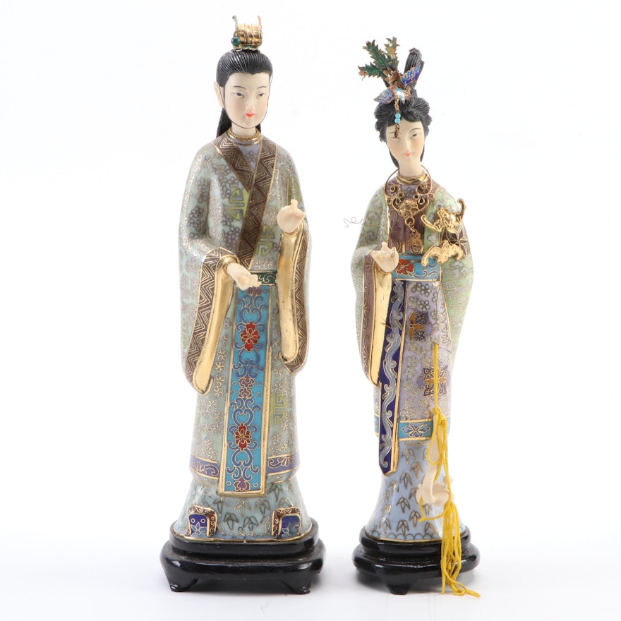 Pair of Cloisonné Enamel Chinese Beauties, Mid-20th Century