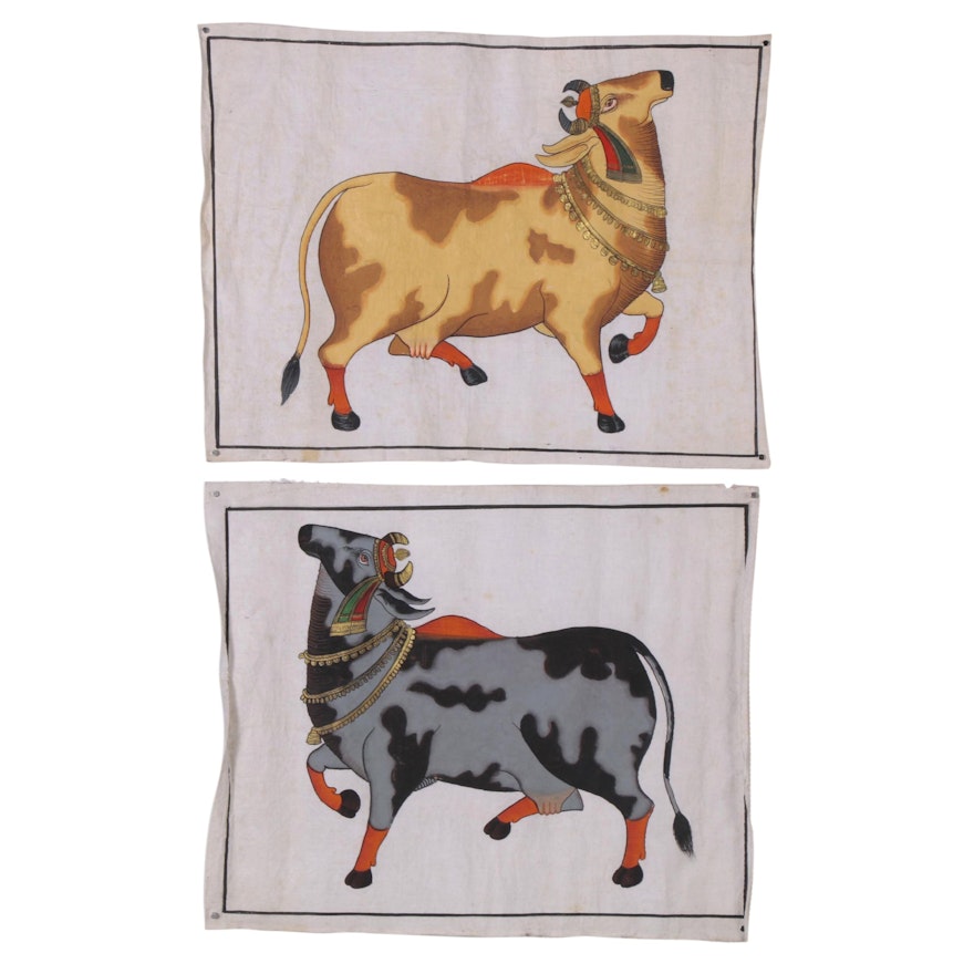 Indian Mughal Style Gouache Cow Paintings, 20th Century