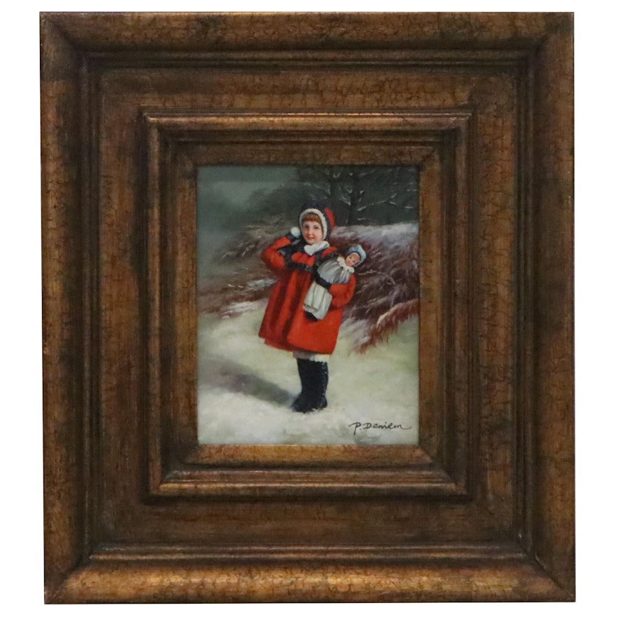 Oil Painting of Girl in Red Winter Coat, 20th Century