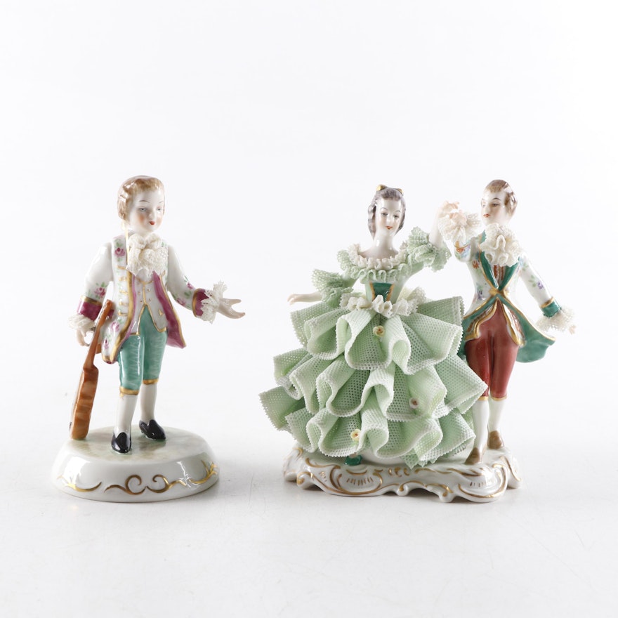 Irish Dresden "Antonio" and "Minuet" Porcelain Figurines