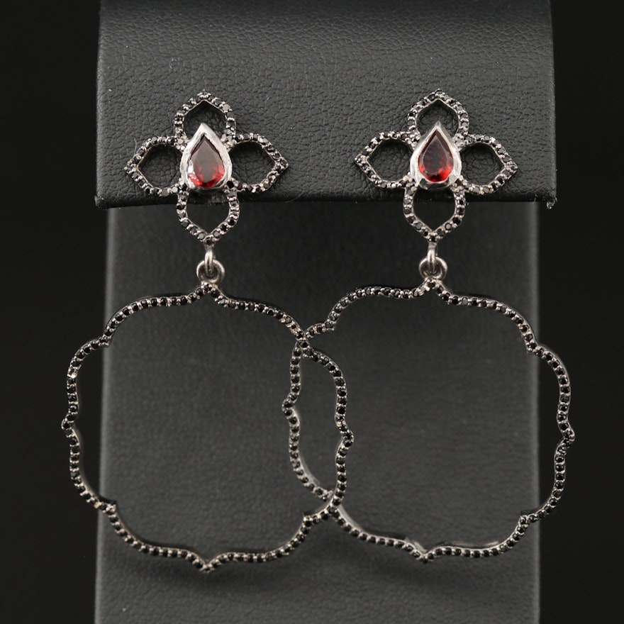 Sterling Silver Garnet and Black Onyx Lotus Motif Dangle Earrings