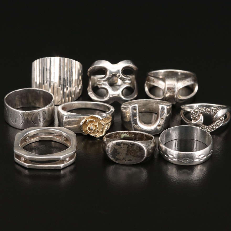 Assortment of Sterling Silver Rings Featuring Marcasite