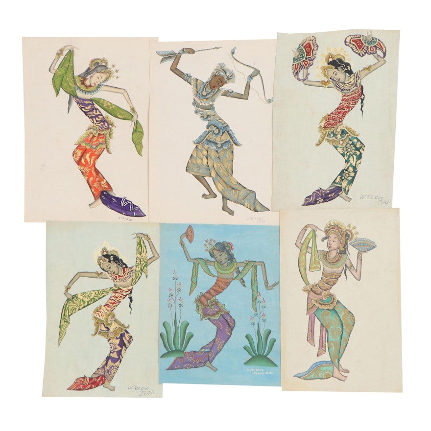 Balinese Dancers Tempera Paintings, 20th Century