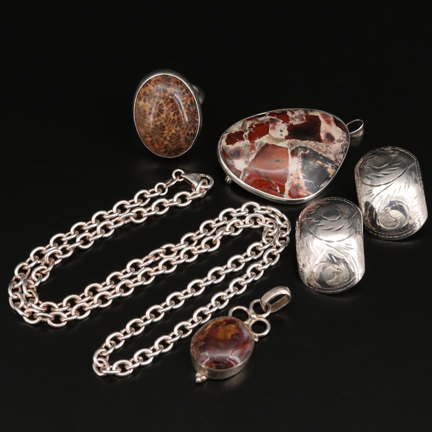 Sterling Jewelry Including Fossilized Coral and Converter Brooch