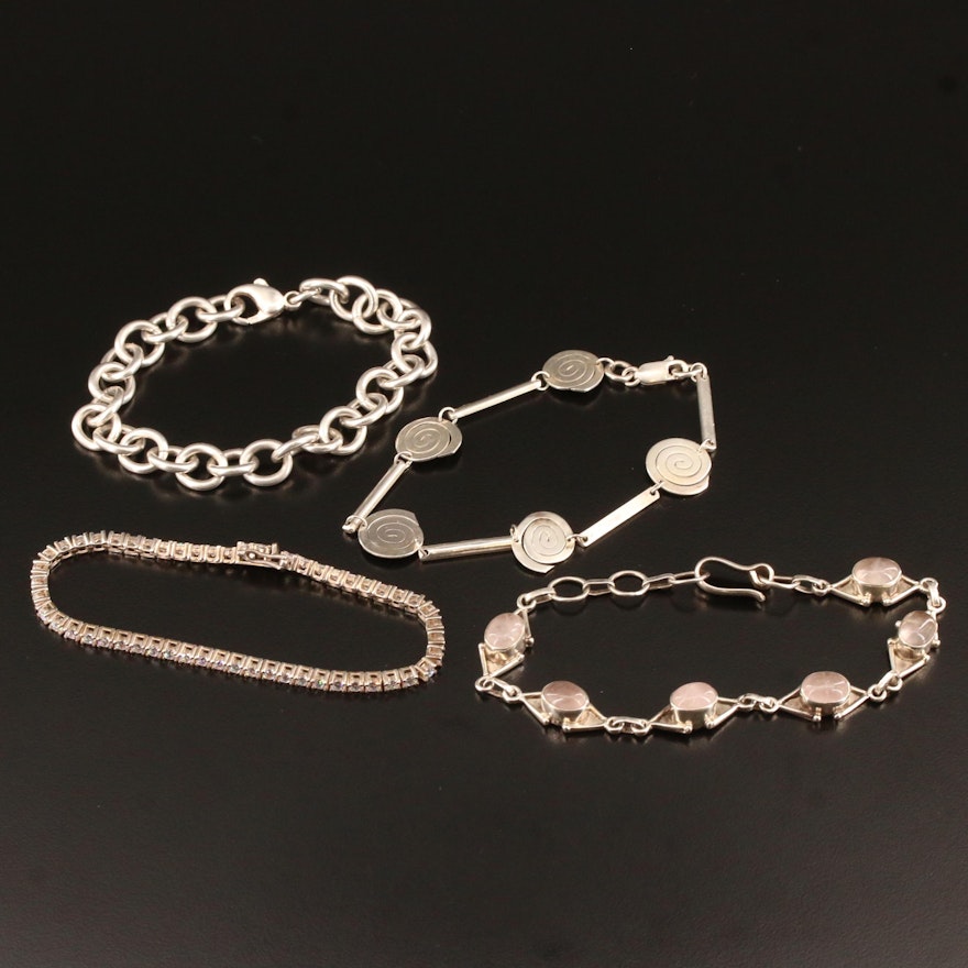Sterling Silver Cubic Zirconia and Rose Quartz Bracelets Featuring Line Bracelet