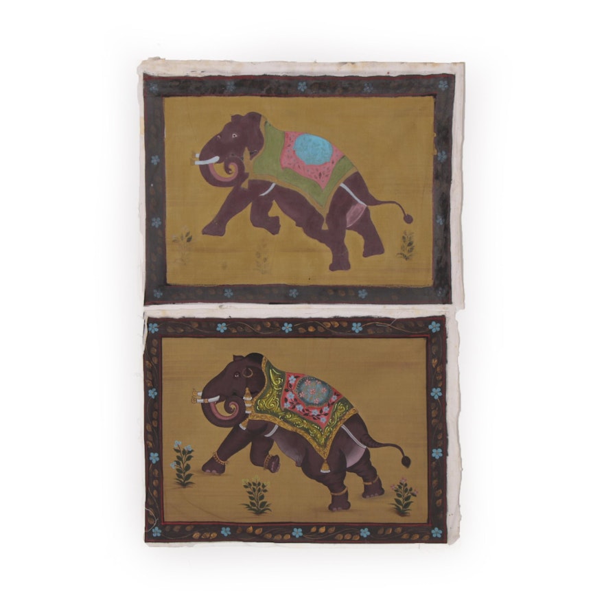 Indian Mughal Style Gouache Elephant Paintings, 20th Century