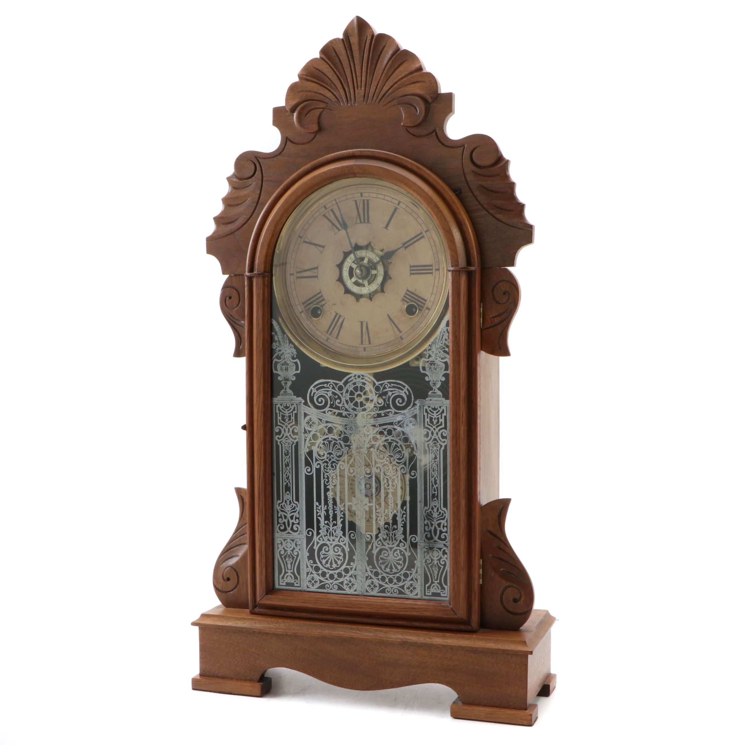 Ansonia Clock Co. Victorian Hand-Carved Oak Mantel Clock