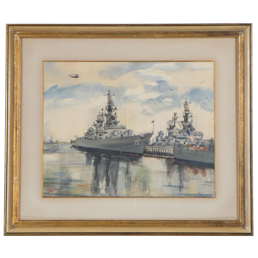 Patricia Johnson Watercolor Painting of Navy Ships, 1964