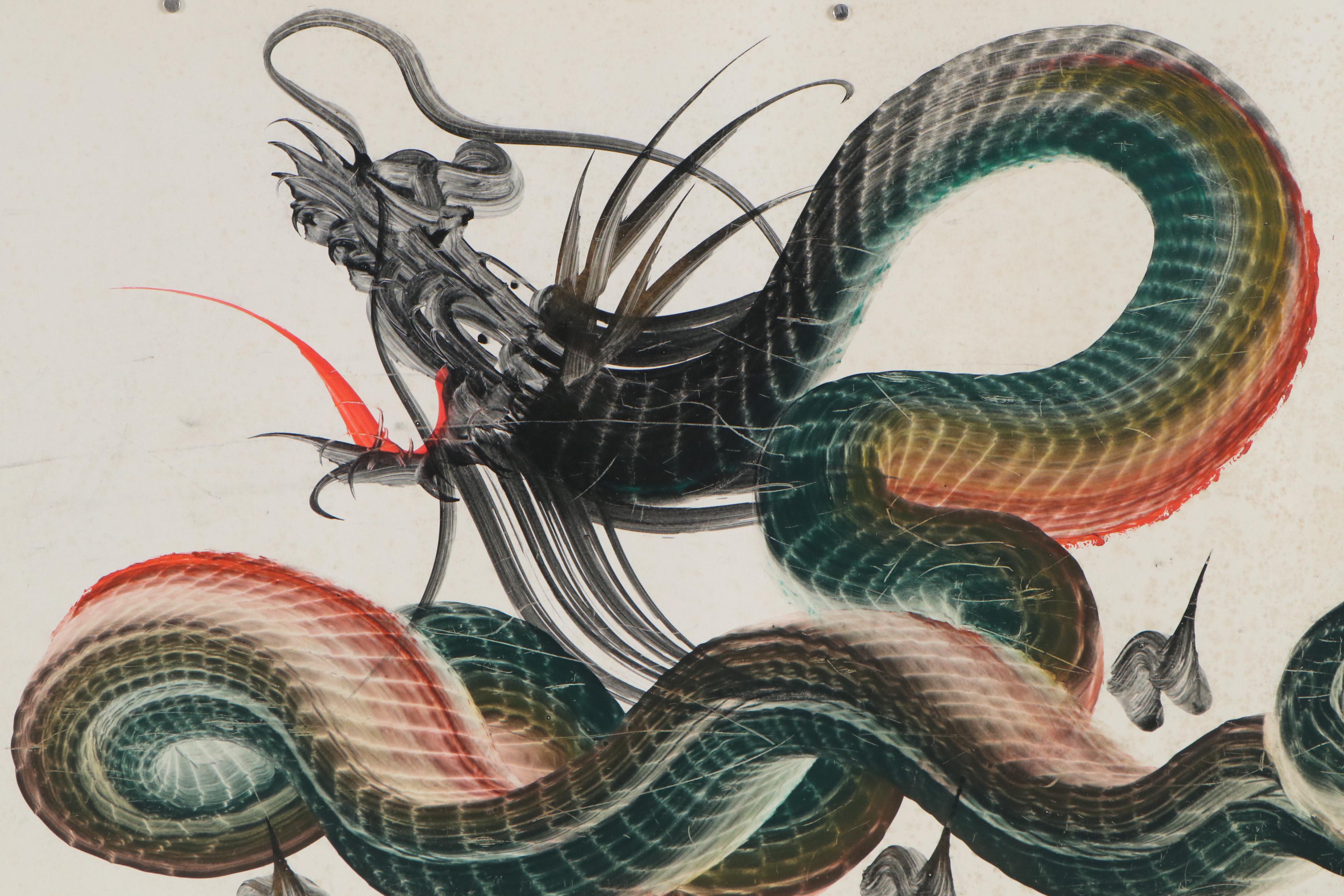 Japanese "Hitofude Ryuu" One-Stroke Ink Painted Dragons, 20th Century