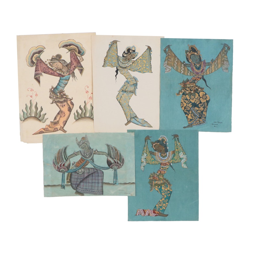 Balinese Dancers Tempera Paintings, 20th Century