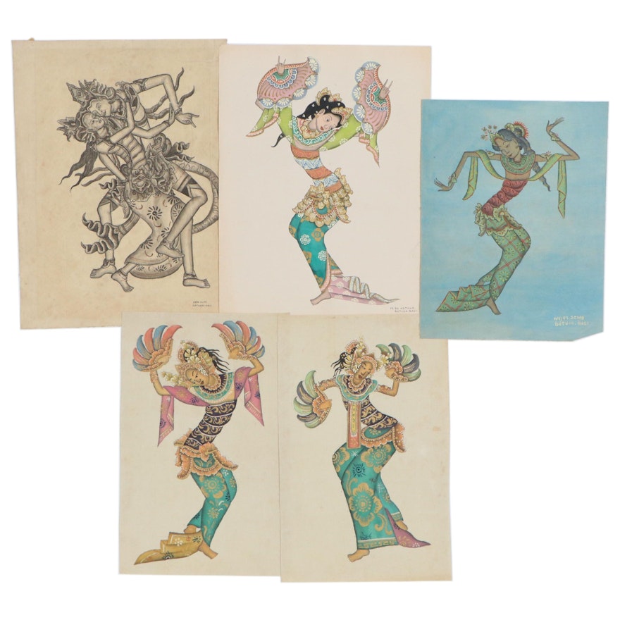 Balinese Dancers Tempera Paintings, 20th Century