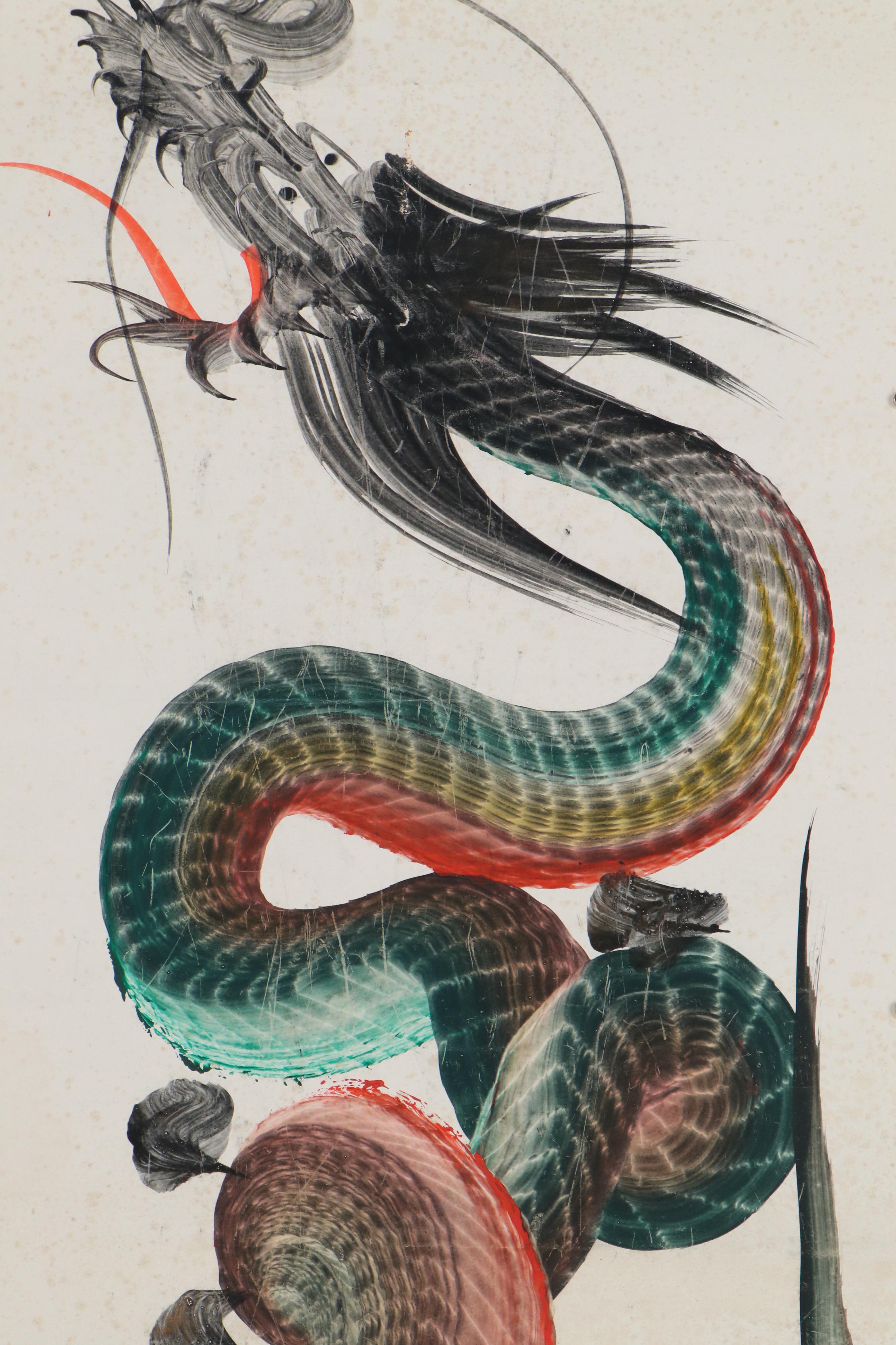 Japanese "Hitofude Ryuu" One-Stroke Ink Painted Dragons, 20th Century