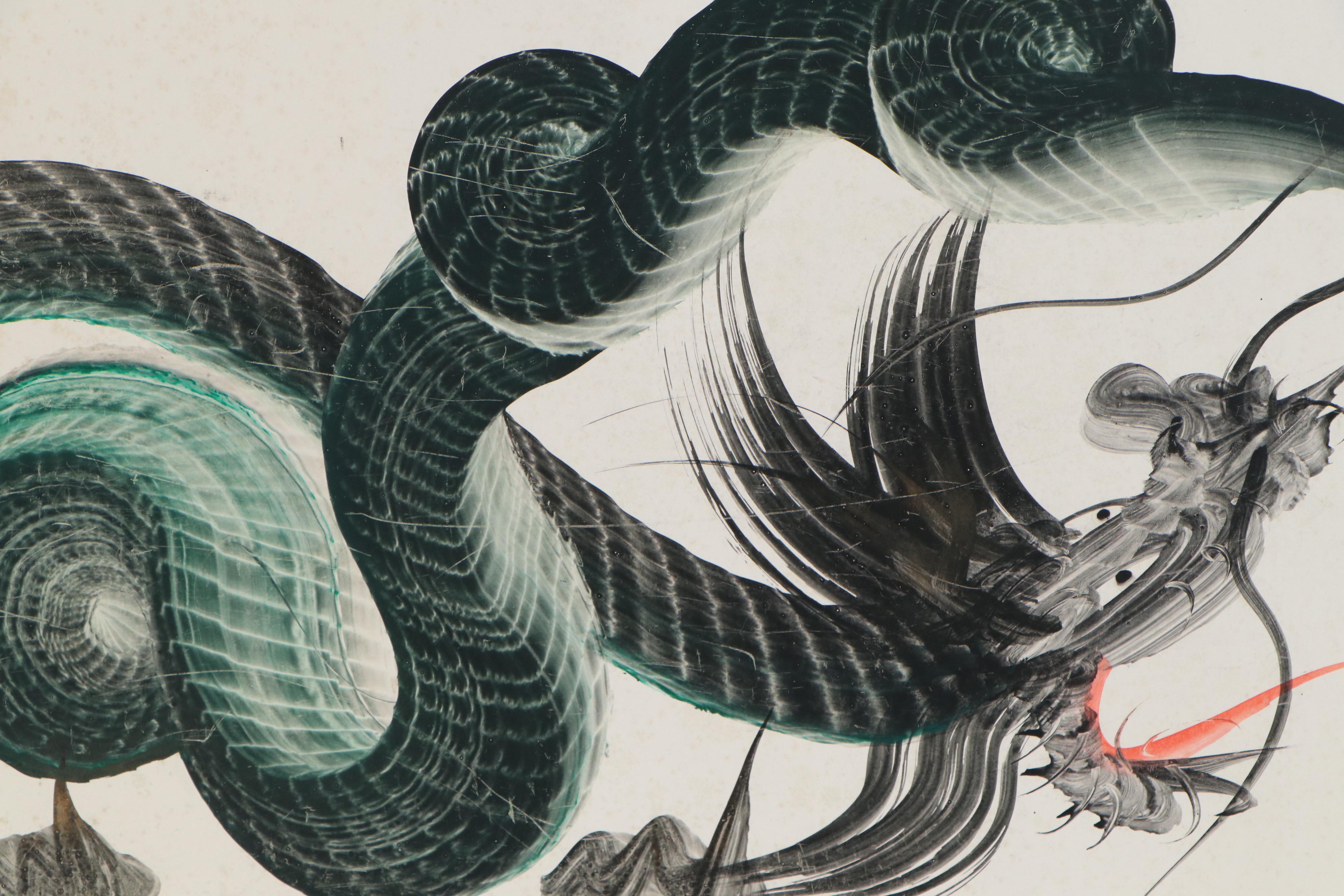 Japanese "Hitofude Ryuu" One-Stroke Ink Painted Dragons, 20th Century