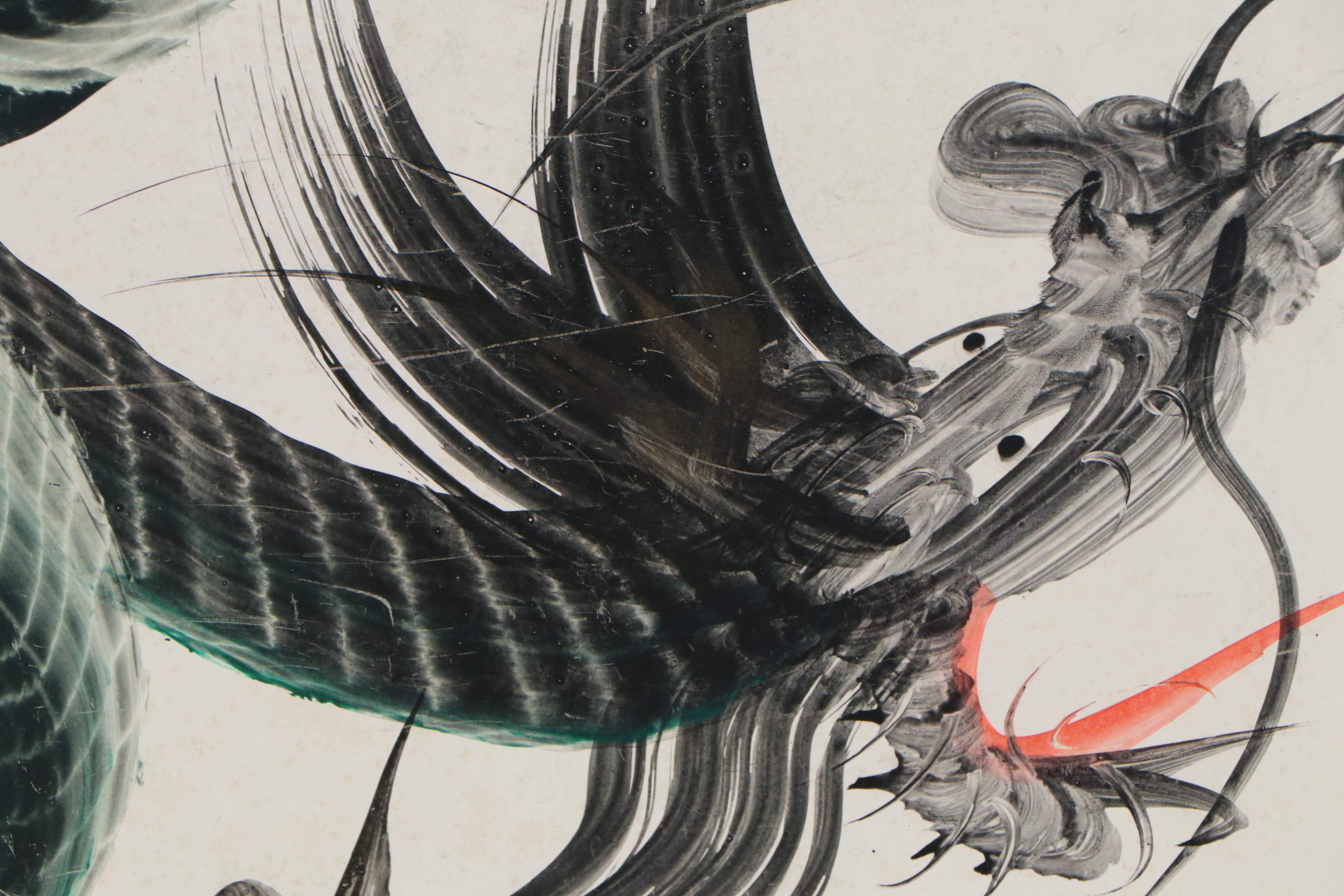 Japanese "Hitofude Ryuu" One-Stroke Ink Painted Dragons, 20th Century