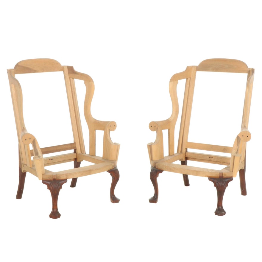 Pair of William Brian Pierce Wingback Armchair Frames with Mahogany Legs