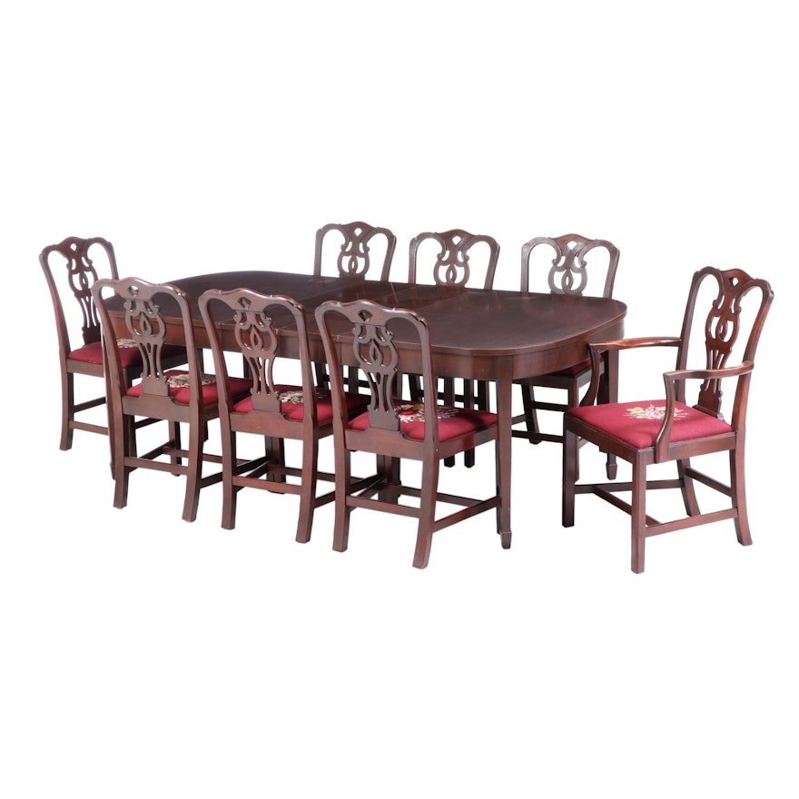 Chippendale Style Dining Table and Chairs with Needlepoint Seats, Late 20th C