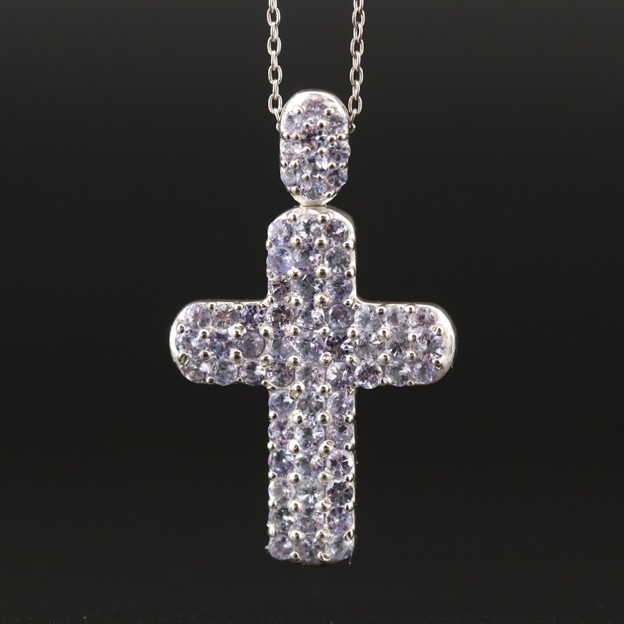 Sterling Silver Tanzanite Cross Pendant Necklace