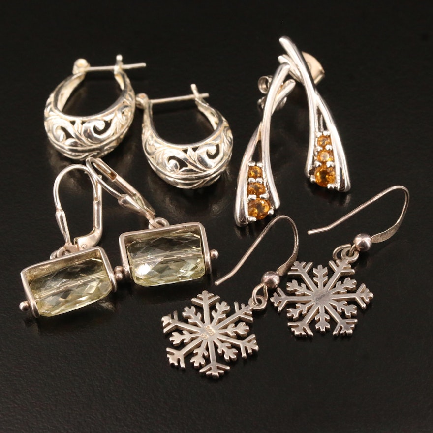 Sterling Silver Earrings Featuring Snowflakes and Citrine Accents