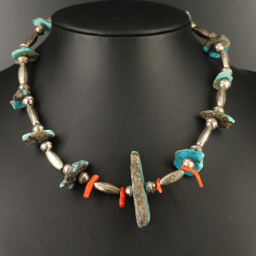 Sterling Turquoise and Coral Beaded Necklace