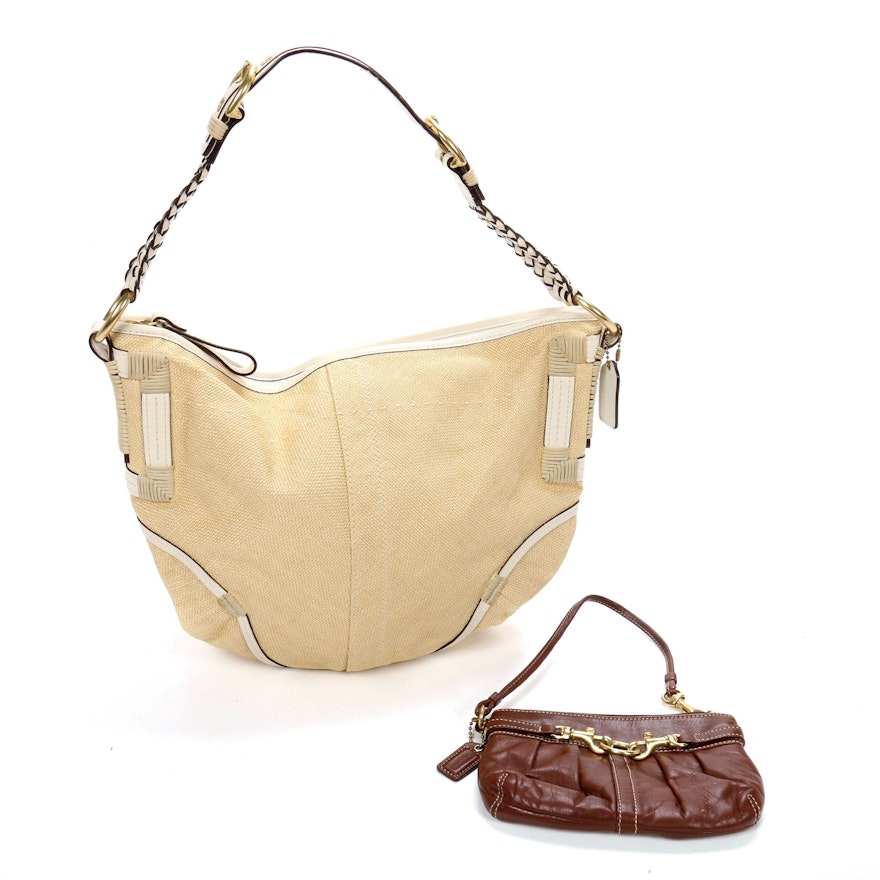 Coach Hobo Shoulder Bag in Straw and Leather with Leather Wristlet