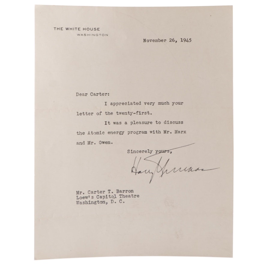 Facsimile Copy after Harry S. Truman 1945 Letter, Discussed "Atomic Energy"
