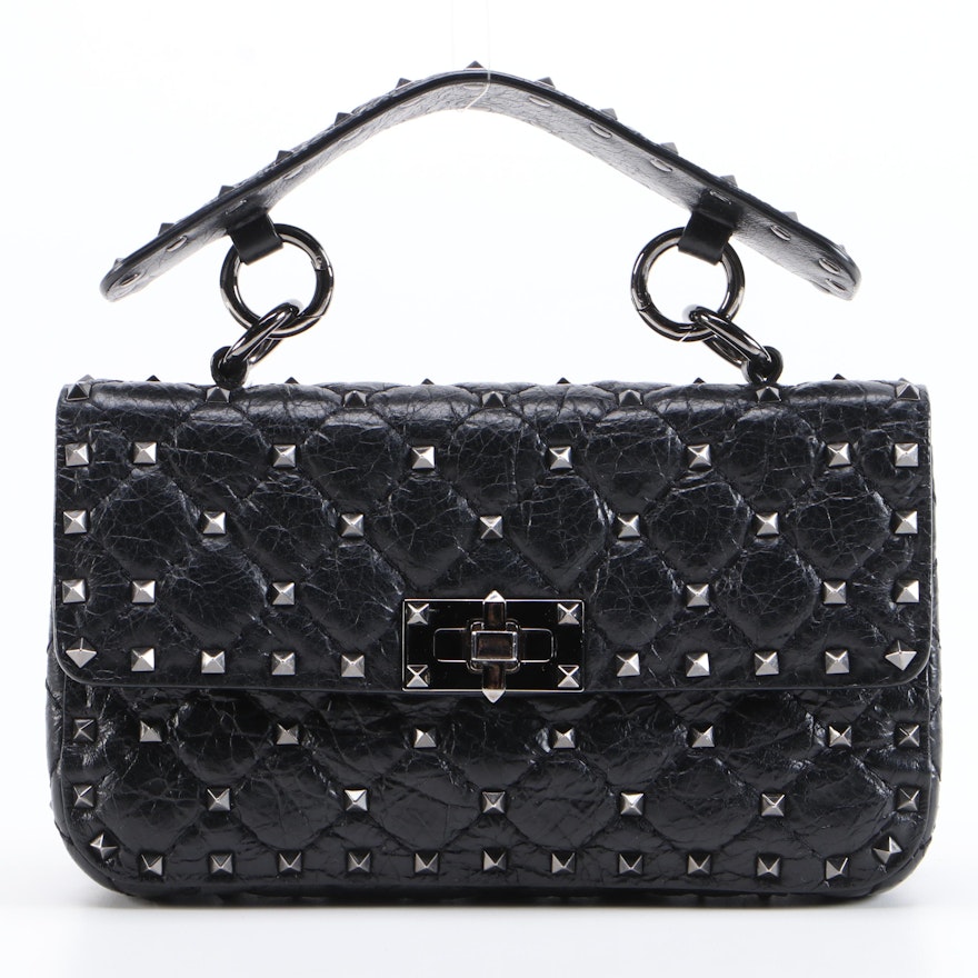 Valentino Rockstud Small Spike Two-Way Flap Bag in Black Quilted Leather